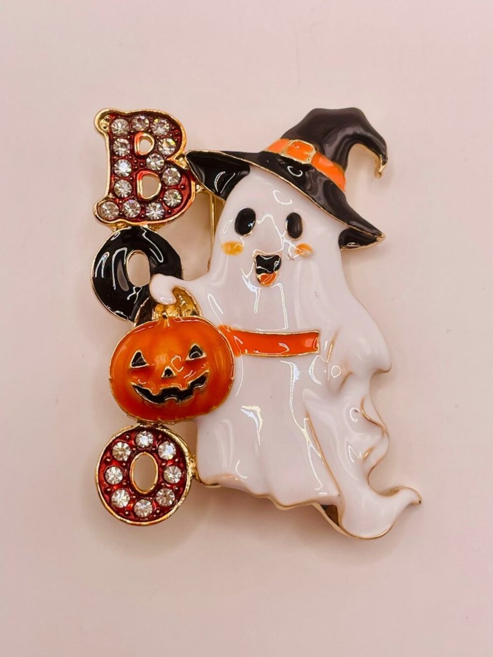 Halloween Ghost BOO Enamel Brooch Pin Pumpkin & Crystals –18B